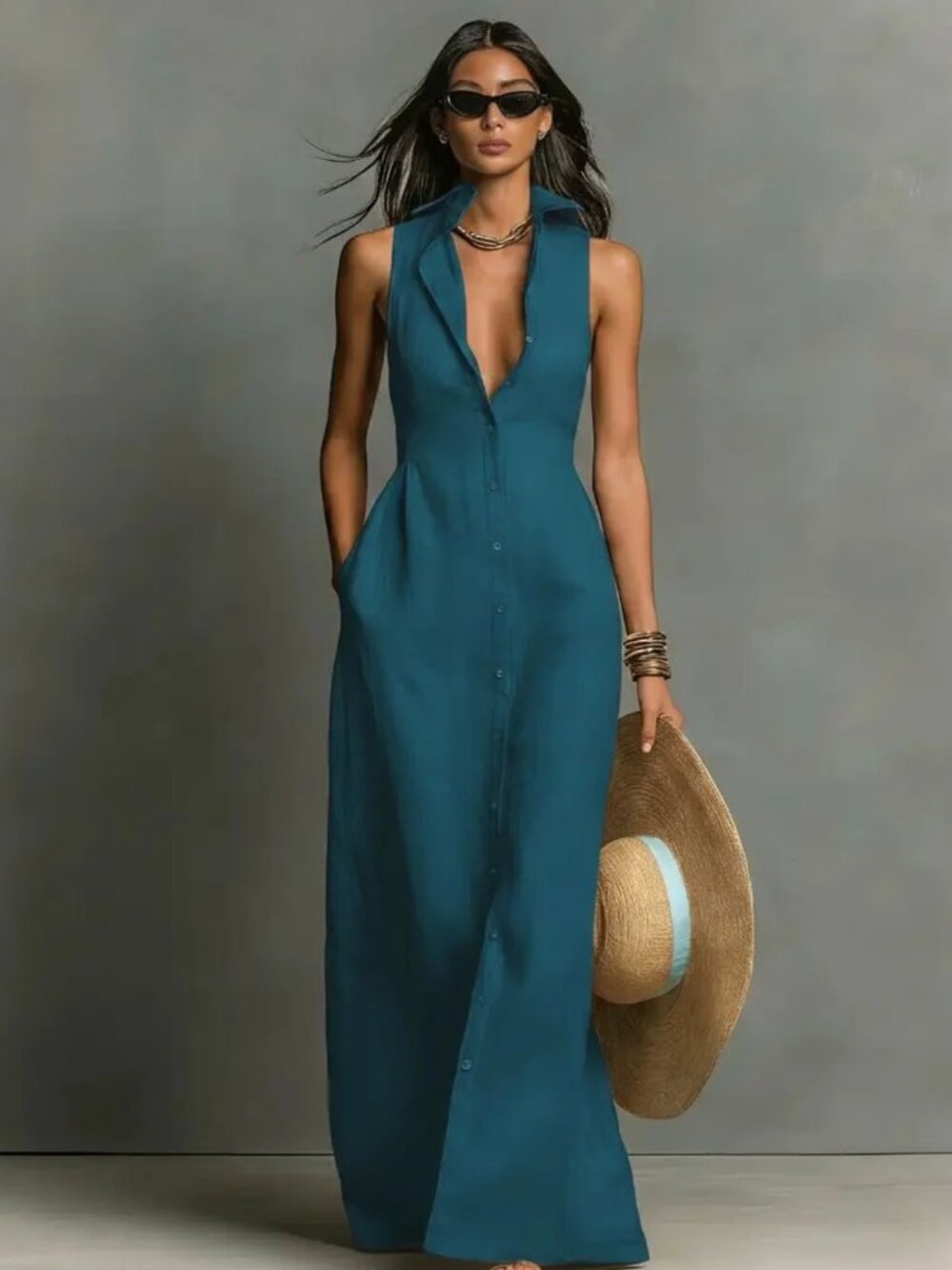 NWT Women's Sleeveless Collared Linen Button-Front Maxi Dress (M)